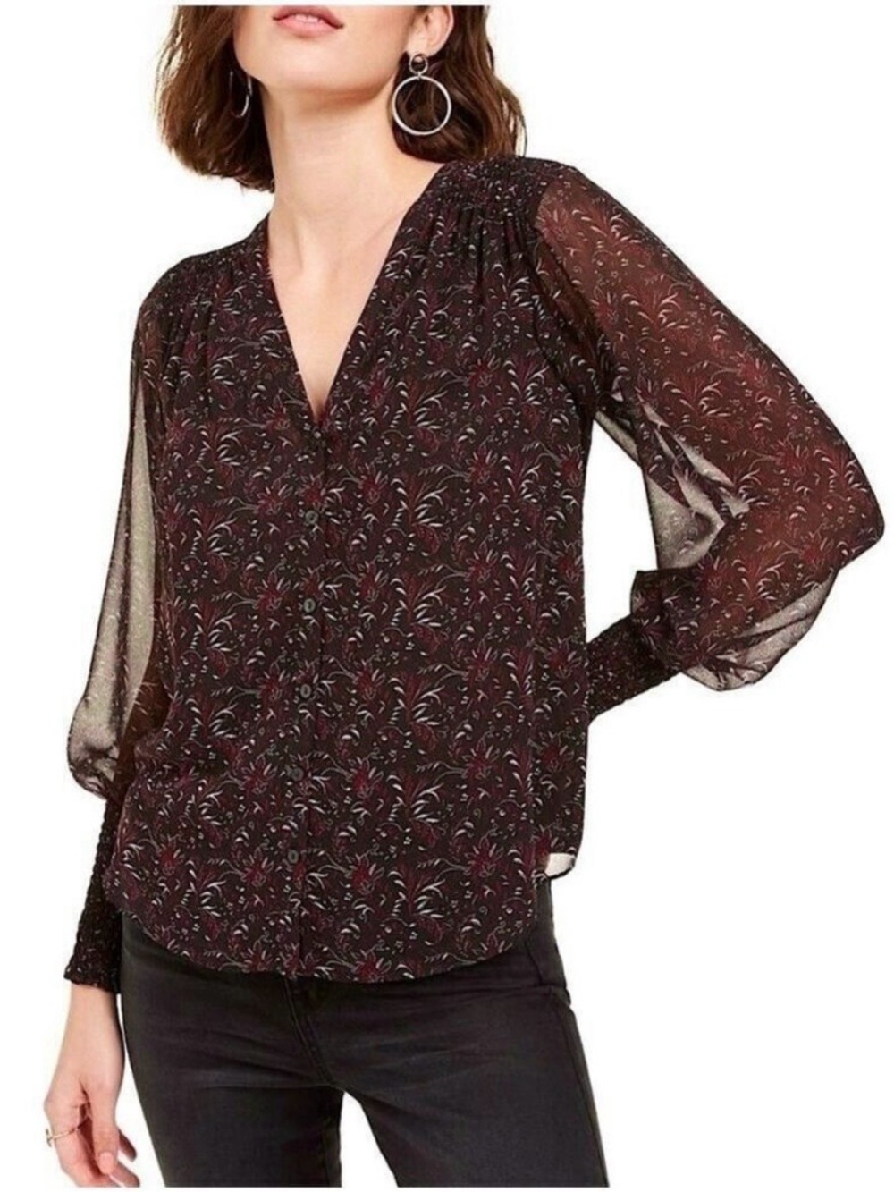 1.State Smocked Cuff Button Up Blouse